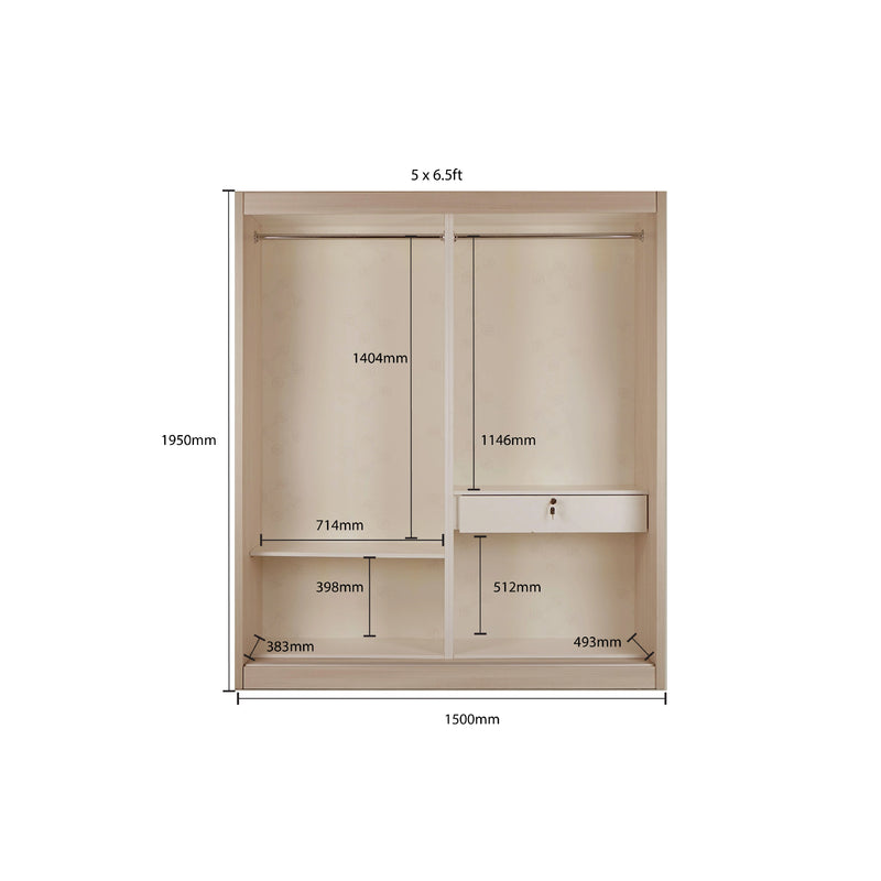 Measurement chart of a wardrobe with dimensions labeled on a white background