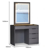 Black vanity table with mirror and dimensions on a white background