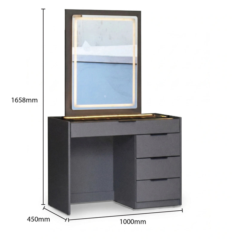 Black vanity table with mirror and dimensions on a white background