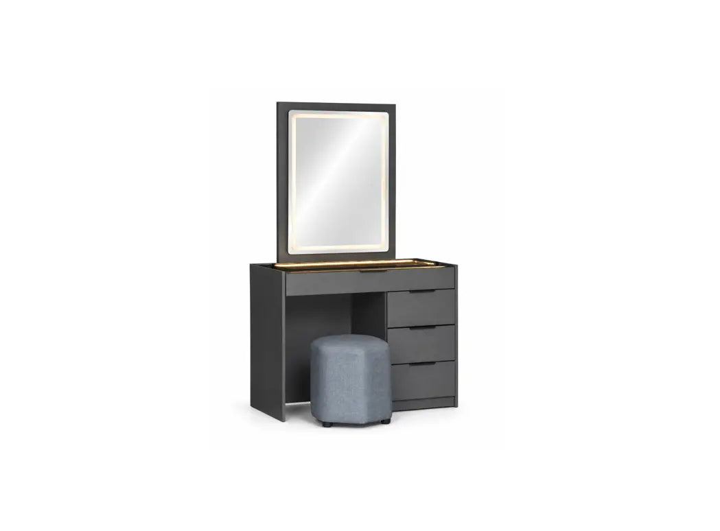 A modern vanity table set featuring a dark gray three-drawer cabinet with an integrated mirror, a gold-foiled top surface, and a matching gray cylindrical stool, shown on a plain white background.