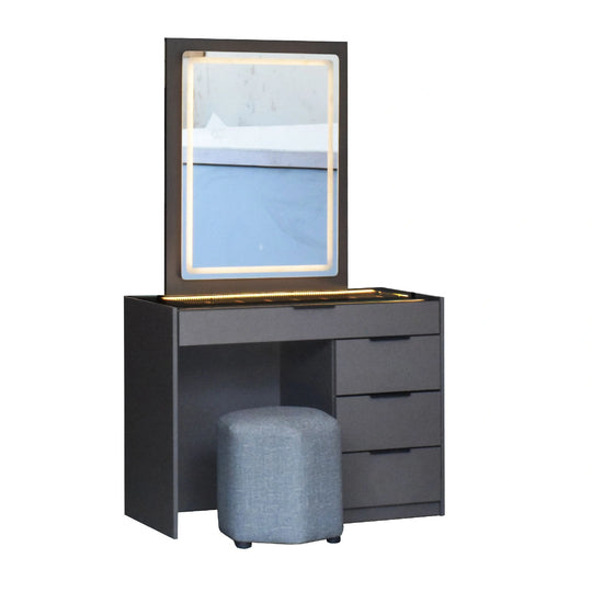 Gray vanity with mirror and stool on a white background
