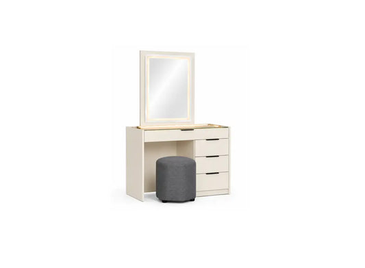 A modern vanity table set featuring a cream-colored cabinet with three drawers, an open shelf, a matching rectangular mirror, and a cylindrical gray ottoman, shown on a plain white background.