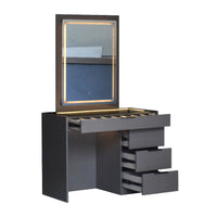 Black vanity table with mirror and drawers on a white background