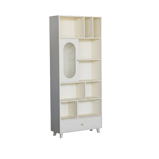 Tall white bookshelf with a gray base on a white background