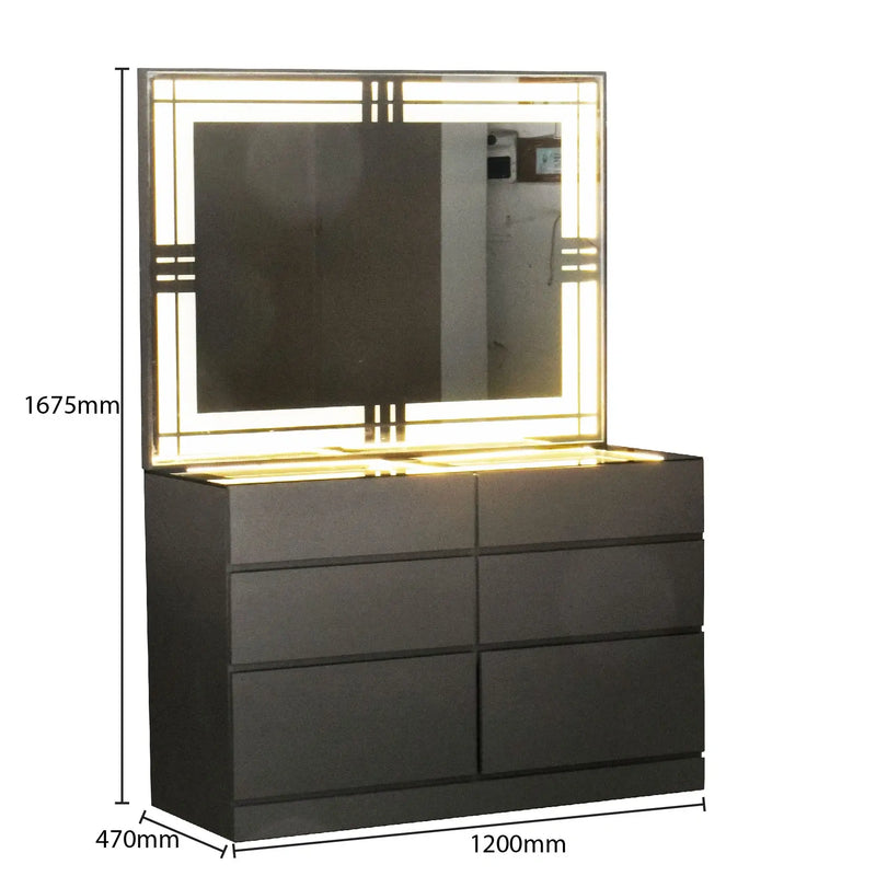 Black dresser with mirror and dimensions on a white background