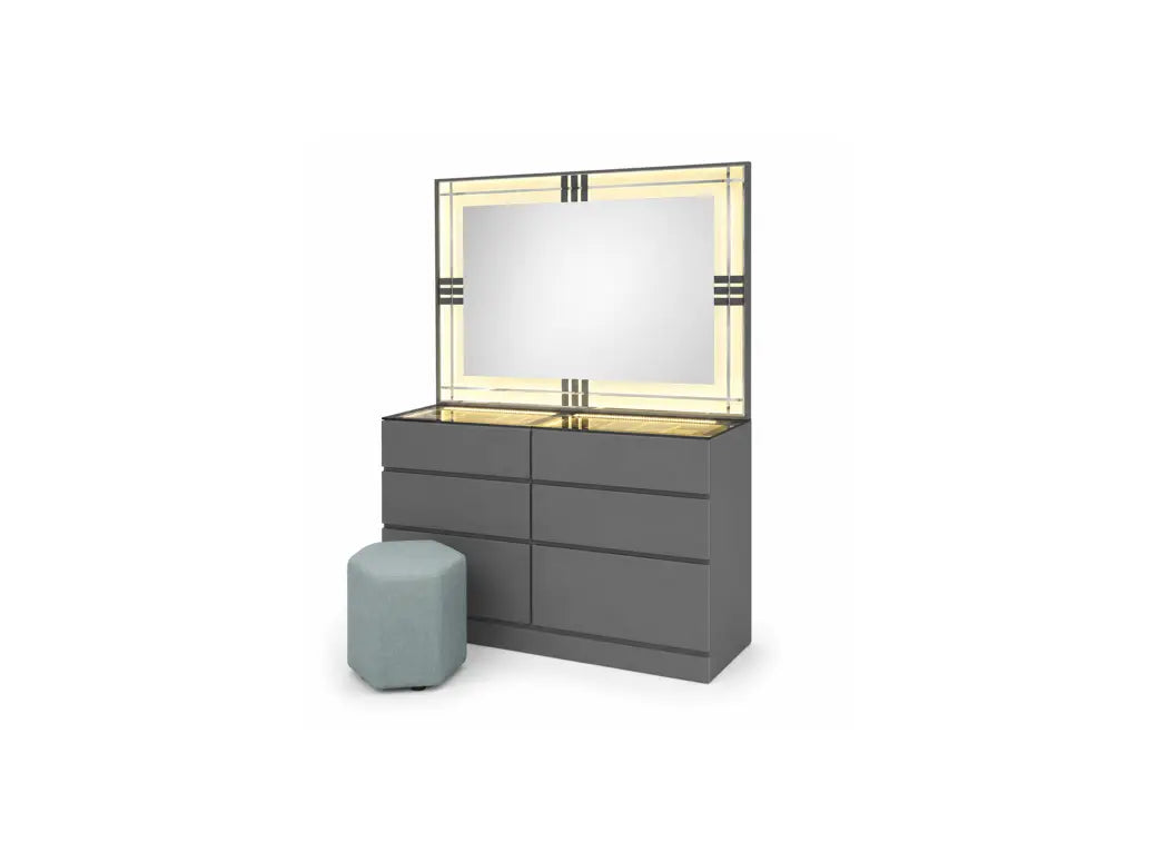 A modern gray vanity dresser with a large backlit mirror, featuring a gold-foiled top surface and a matching gray cylindrical stool, shown on a plain white background.