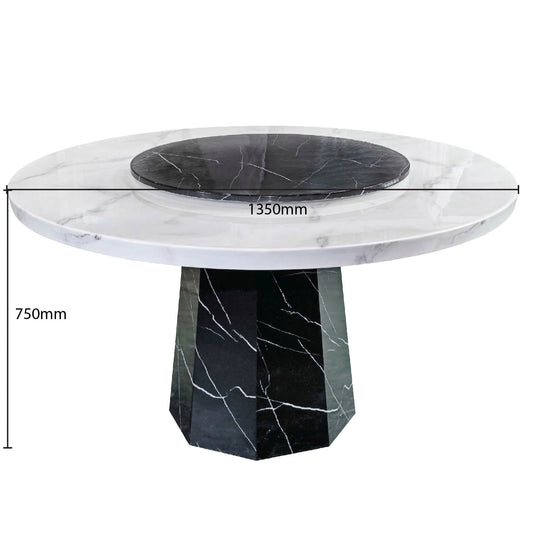 Marble dining table with dimensions on a white background