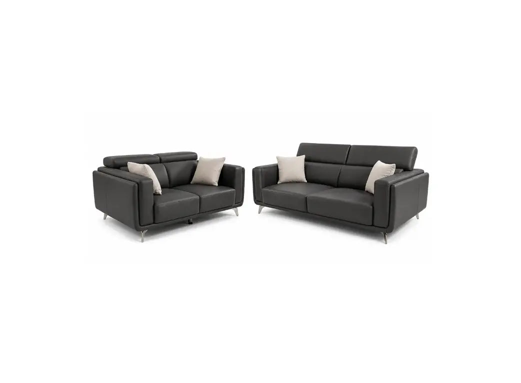 A modern two-piece sofa set consisting of a two-seater loveseat and a three-seater sofa, upholstered in dark charcoal gray leather with light beige accent pillows, shown on a plain white background.