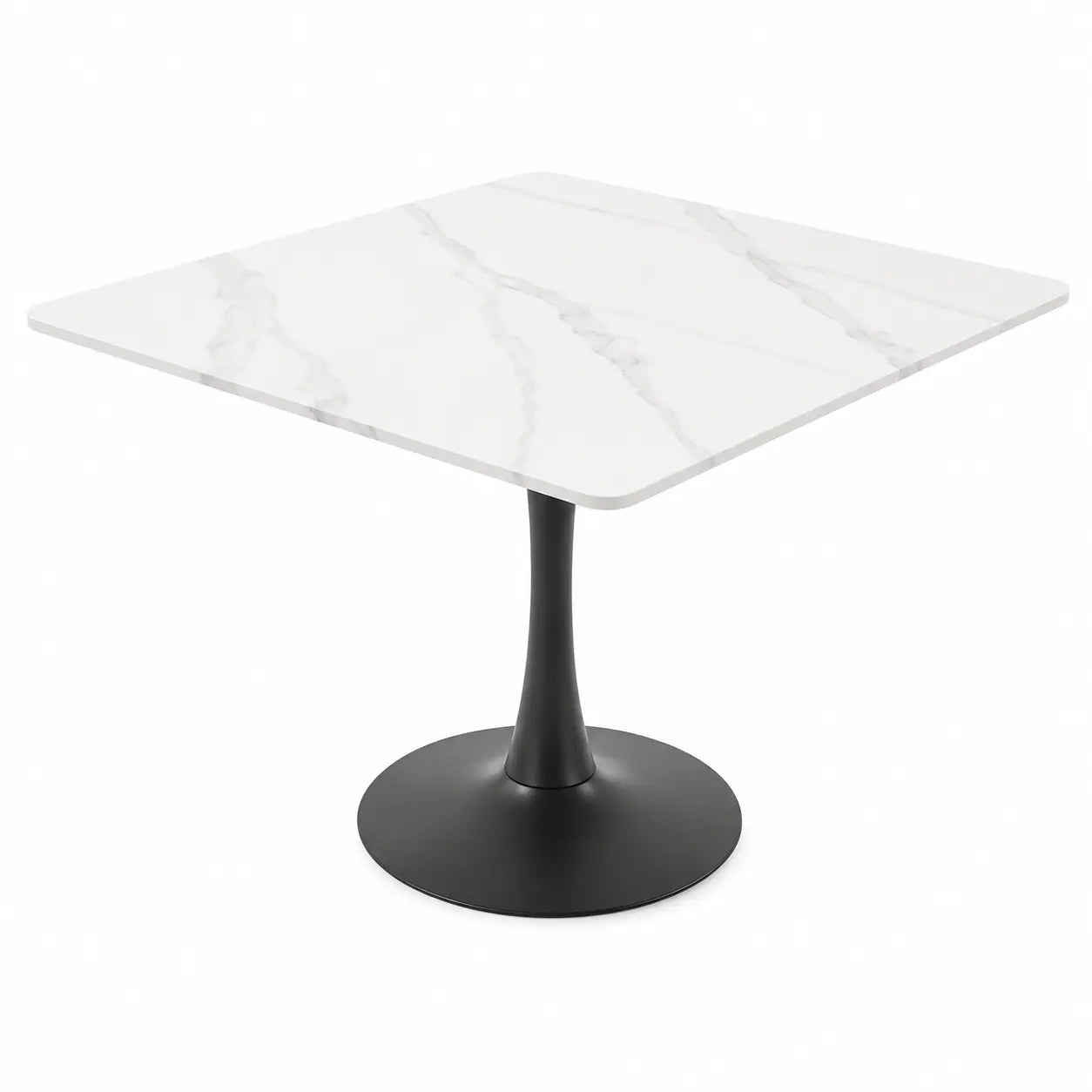 A square dining table with a white marble-patterned top and a black tulip-style pedestal base, shown on a plain white background.