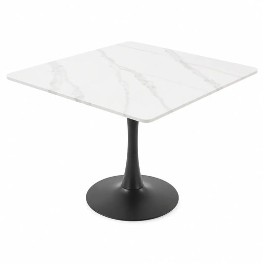 A square dining table with a white marble-patterned top and a black tulip-style pedestal base, shown on a plain white background.