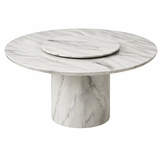 A round marble-top table with a matching circular inset on top and a cylindrical marble pedestal base, shown on a plain white background.