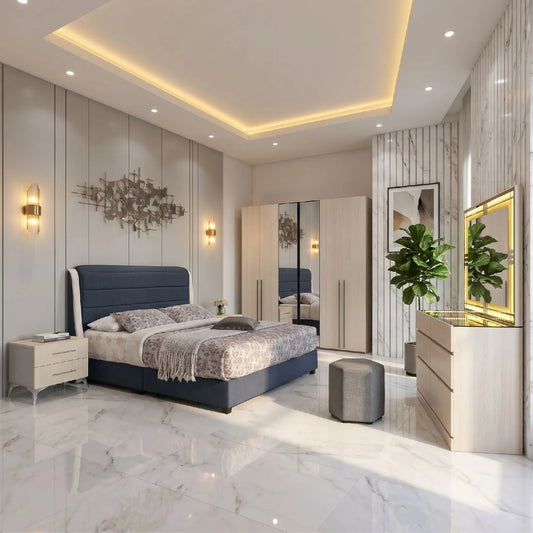 Modern bedroom with a blue bed, wardrobe, and decorative elements.