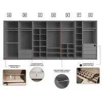 Gray wardrobe with labeled compartments and features on a white background