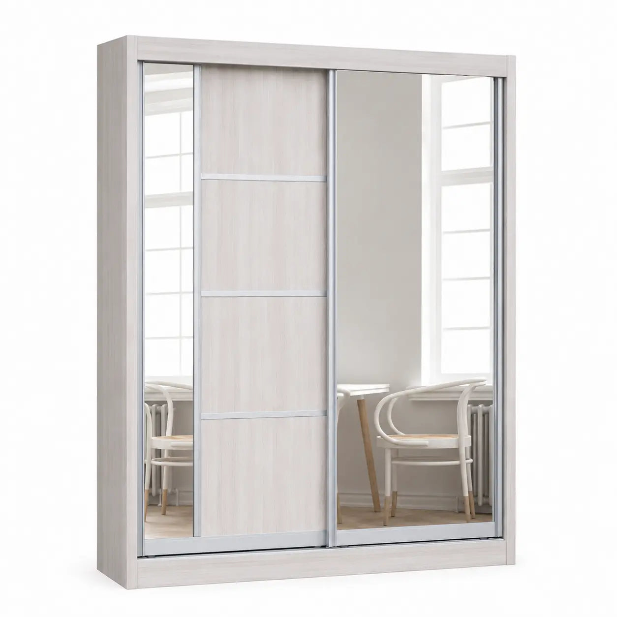 A modern sliding door wardrobe with a light gray wood-grain finish and mirrored doors, shown on a plain white background.