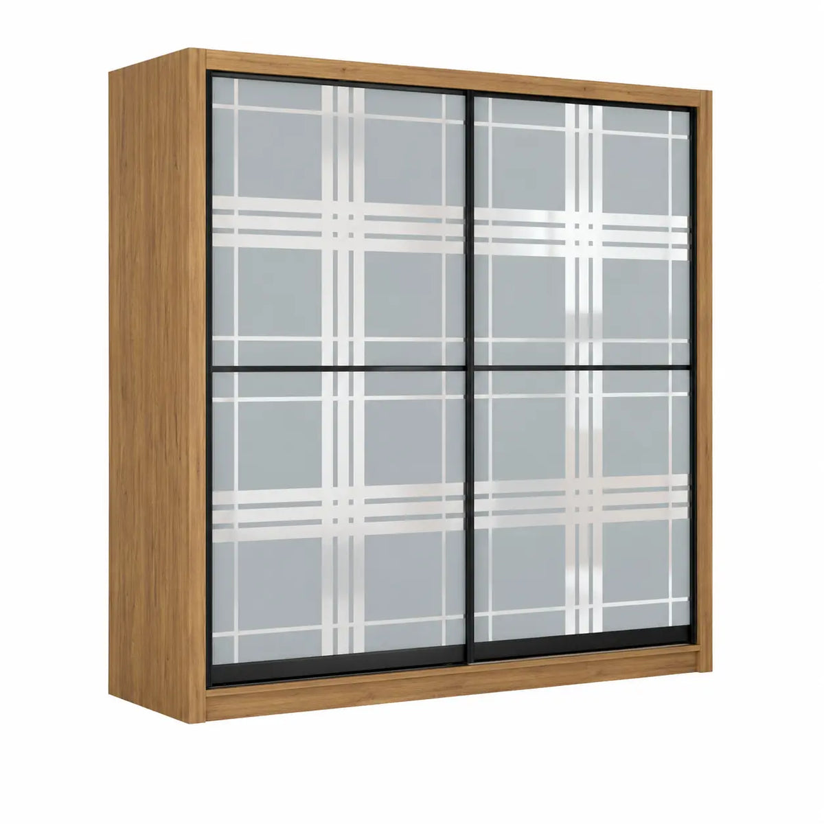A wall-mounted wardrobe or storage cabinet with a light oak wood grain frame and two sliding glass doors featuring a frosted white plaid pattern and black frames, shown on a plain white background.