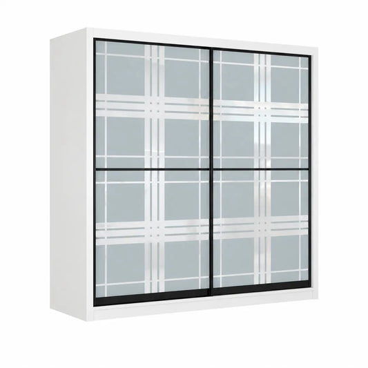 A white wall-mounted cabinet with two sliding glass doors featuring a black frame and white geometric grid patterns, shown against a plain white background.