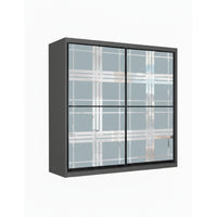 Black framed wall-mounted cabinet with glass panels on a white background