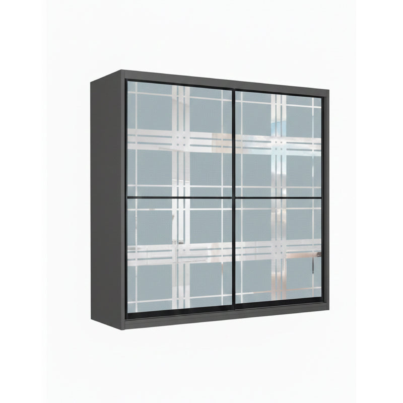 Black framed wall-mounted cabinet with glass panels on a white background