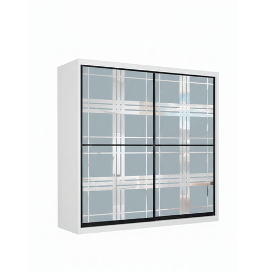 White wardrobe with glass sliding doors on a white background