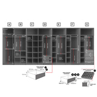Diagram of a locker system with dimensions and features labeled