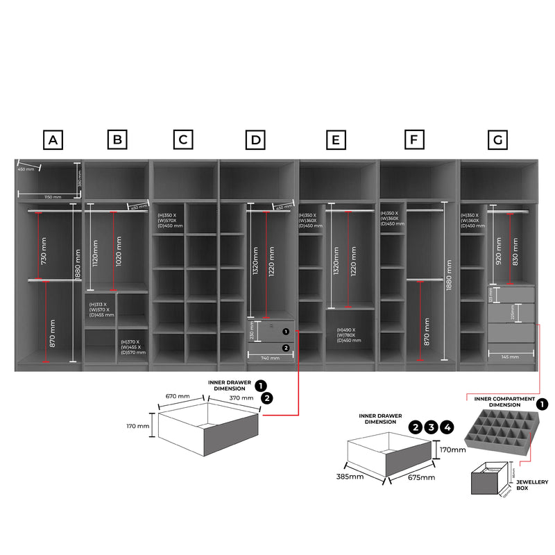Diagram of a locker system with dimensions and features labeled