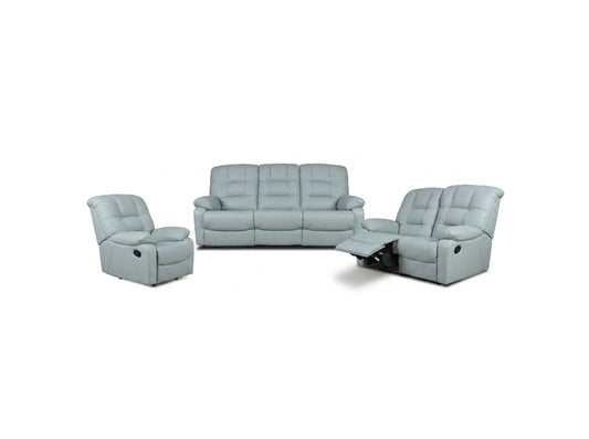 A light blue-gray reclining furniture set consisting of a three-seat sofa, a matching recliner chair, and a chaise lounge with extended footrests, shown on a plain white background.