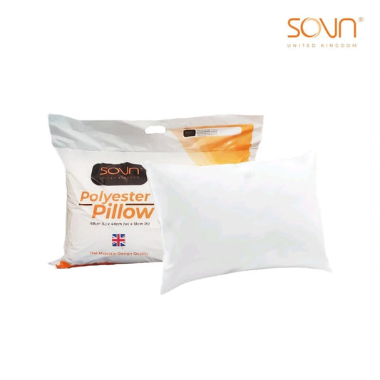 White pillow with SOVN branding on a white background
