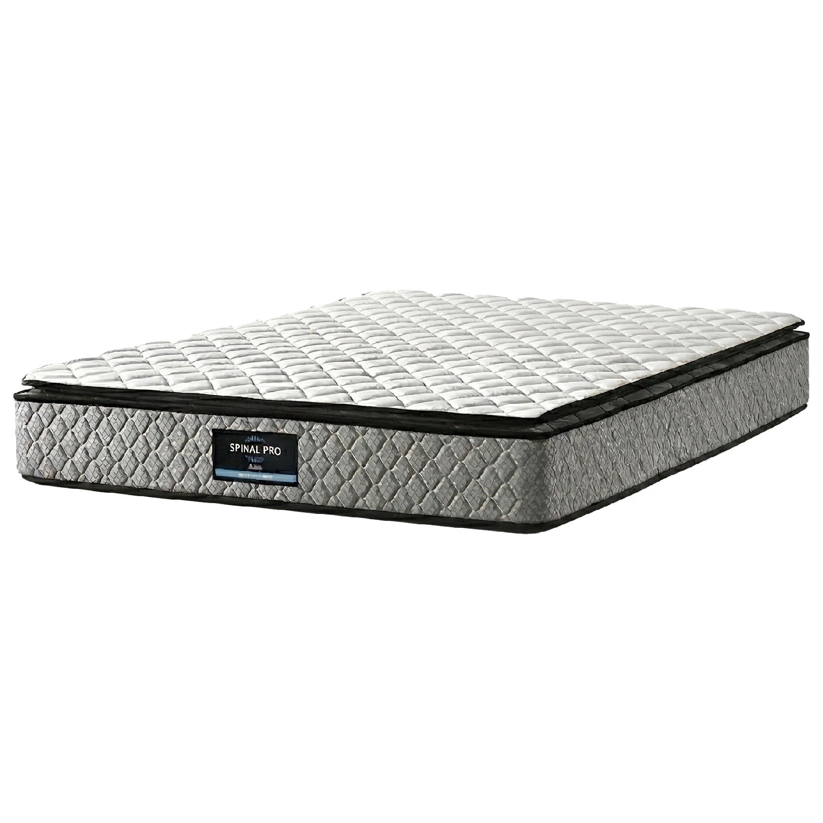 Gray mattress with 'Spinal Pro' branding on a white background