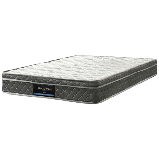 Gray mattress with 'Spinal Wave' branding on a white background