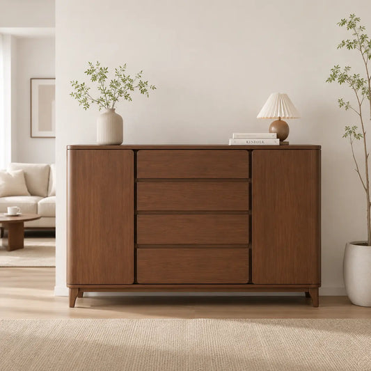 A mid-century modern wooden dresser with four drawers and two side cabinets, styled in a bright, minimalist living room.