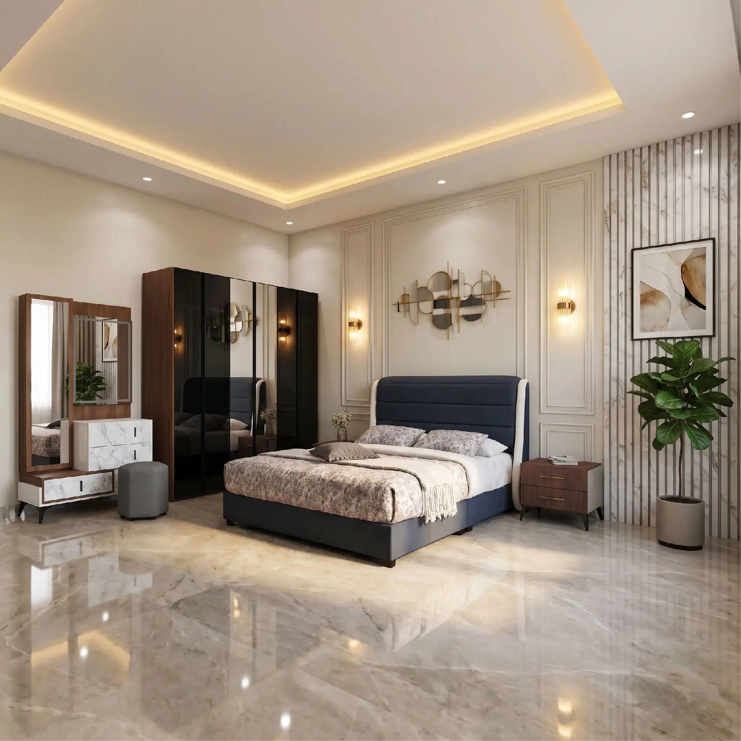 Full master suite interior for the Stellar set, displaying the Helen bed, 2.7m wardrobe, and illuminated vanity in a marble-floored room.