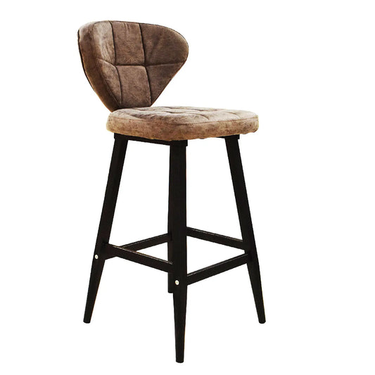 Bar stool with brown cushioned seat and black legs on a white background