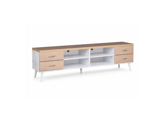 A modern long TV stand or media console with a light wood grain top and drawer fronts, white open shelving in the center, and white legs, shown on a plain white background.