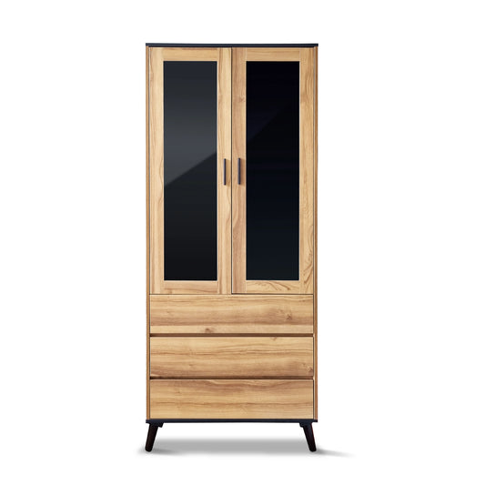 Wooden wardrobe with glass doors on a white background