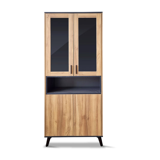Wooden cabinet with glass doors on a white background