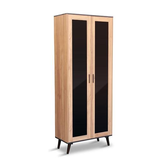 Wooden wardrobe with black glass doors on a white background