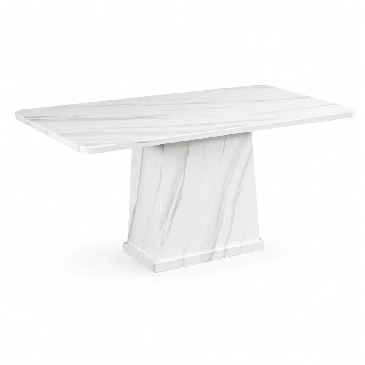 A modern rectangular dining table with a white marble-look top and pedestal base, featuring subtle gray veining, shown on a solid white background.