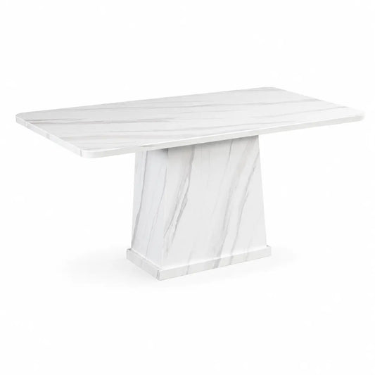 A modern rectangular dining table with a white marble-look top and pedestal base, featuring subtle gray veining, shown on a solid white background.