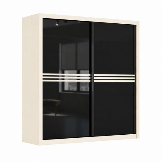 A modern wall-mounted storage cabinet with a cream-colored frame and two glossy black sliding doors featuring three horizontal cream stripes across the middle, shown against a plain white background.