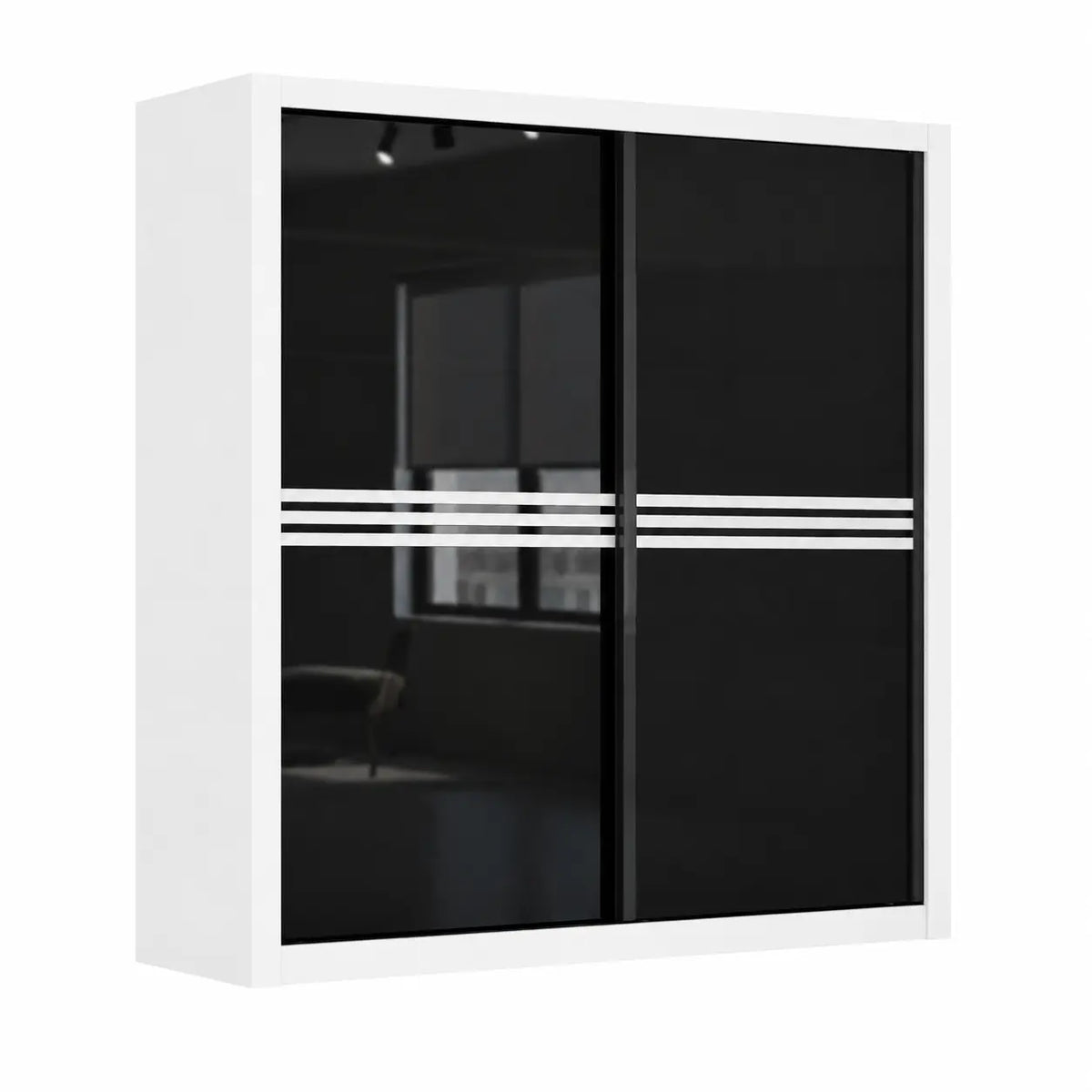 A modern wall-mounted wardrobe or cabinet with a white frame and two black glass sliding doors, accented by three horizontal white stripes across both doors.