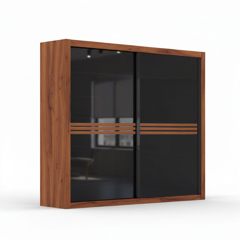 Wooden wardrobe with black glass doors on a white background