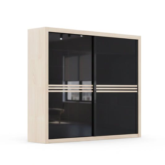 Beige wardrobe with black glass doors on a white background