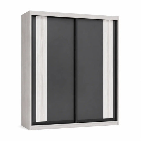 A modern wall-mounted wardrobe or cabinet with two dark charcoal sliding doors and light woodgrain side panels, shown on a plain white background.