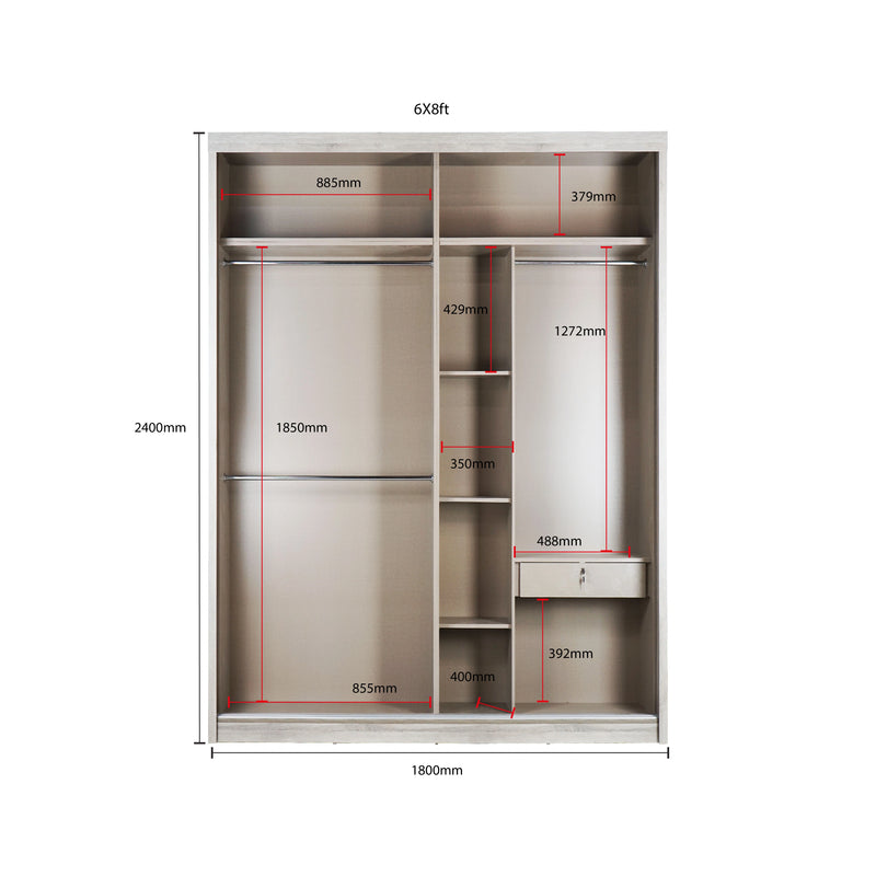 Measurement chart of a wardrobe with dimensions labeled