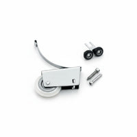 Chrome door roller with wheels and screws on a white background
