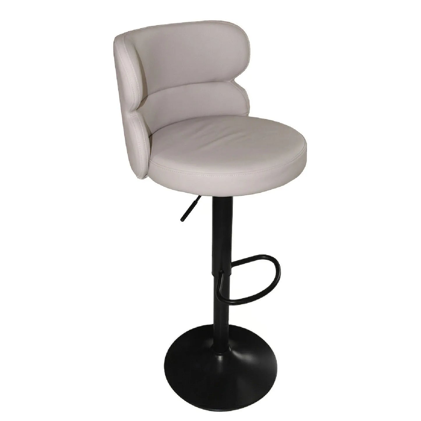 Gray cushioned bar stool with a black base on a white background