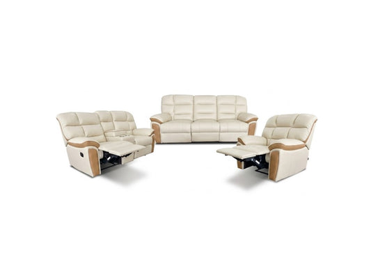 A 3-piece reclining living room furniture set featuring a cream leather sofa, a matching loveseat, and a matching recliner chair, all with light wood armrests, shown on a white background.