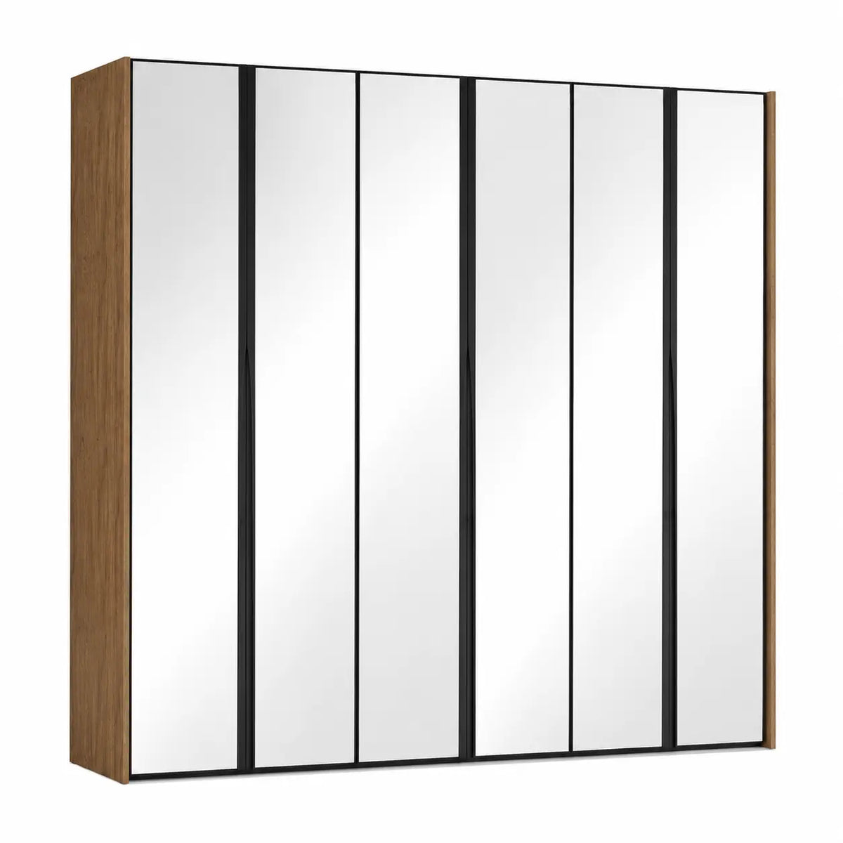 A modern six-door wardrobe or closet with reflective mirror doors and a medium brown wood-grain frame, shown against a plain white background.