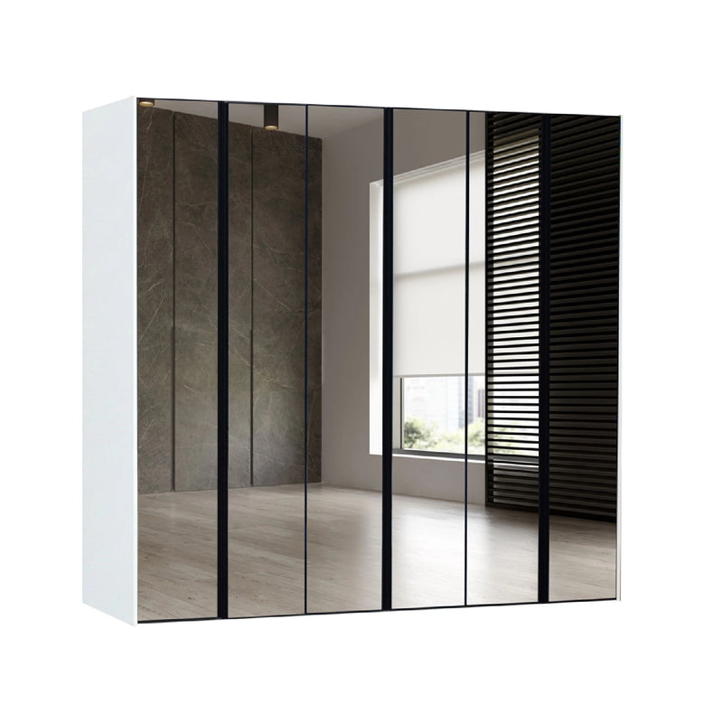 Modern wardrobe with glass doors in a minimalistic room
