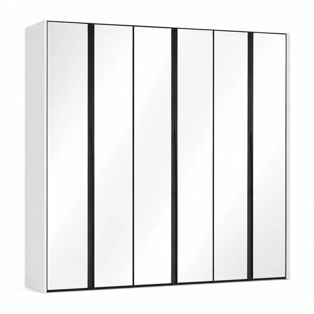 A modern white wardrobe or closet door system with six tall vertical mirrored or glossy white panels separated by slim black frames, shown on a plain white background.